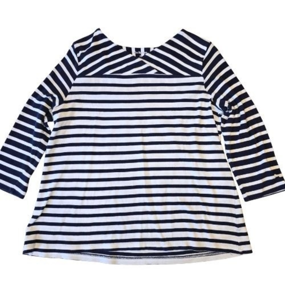 Coastal Womens Small Navy Blue White Striped Crossover Boat Neck 3/4 Sleeve Top